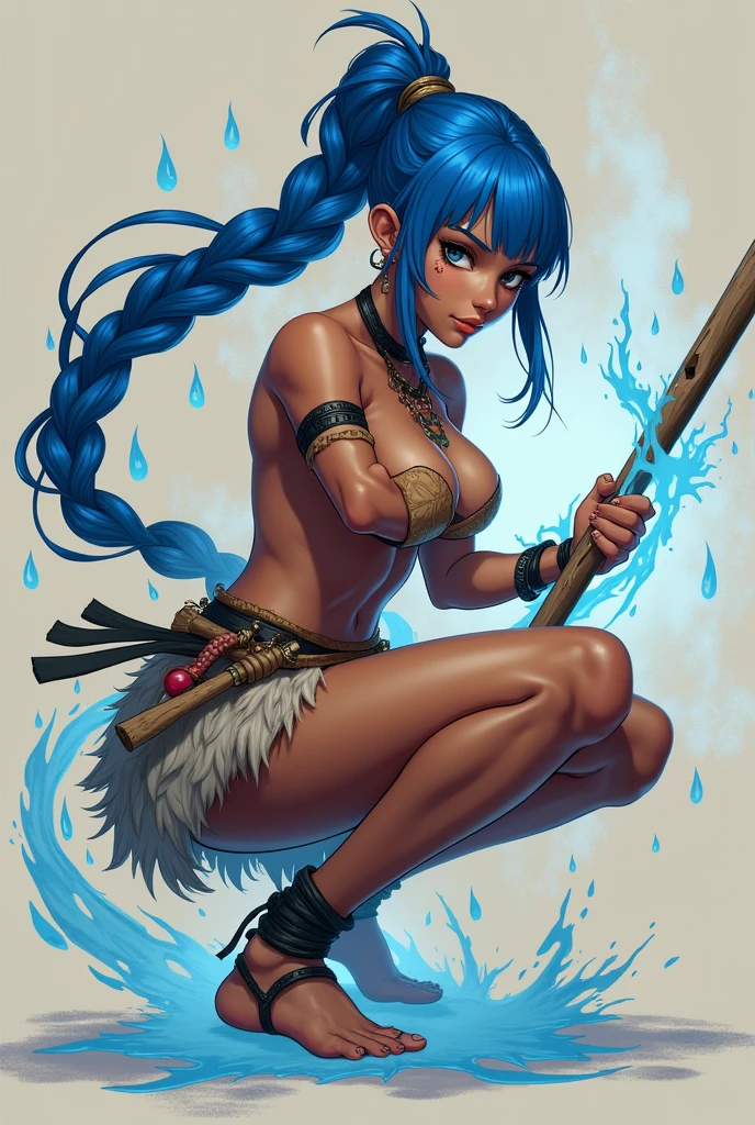 Woman with dark skin and blue hair. anime style, animated style, Digital art, masterpiece, Best Quality, Super rendering, high detail face, Clean and delicate face, whole body, Crouching and wielding a magical wooden staff, fighting pose. Grasp the staff anatomically correctly, Drops and threads of magical water swirl around the staff. Single braided blue ponytail, split bangs, Forehead, tribal clothing and a pleated fur miniskirt., naked ass, open legs, scars. Bound feet, looking at the viewer, simple color background. Scar on his face.