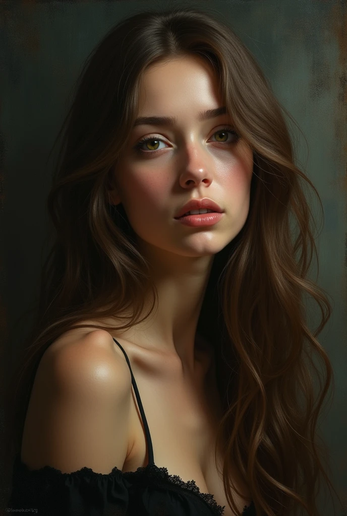 A girl, Your hair is long, abundant and of a brown tone, Their eyes are expressive and have a color that oscillates between green and brown., Fine and well-defined strokes. She is reflecting on her story, and struggling with your self-confidence. A wealthy woman who exudes poise and class.
Fight of true feelings vs wounded pride Do it with a dark light 