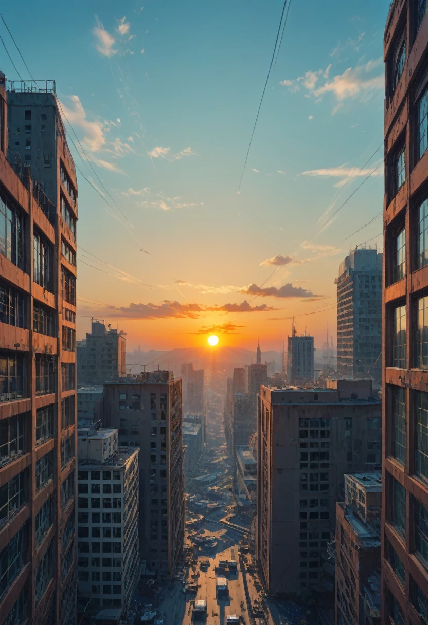 The image shows a person sitting on the edge of a building, watching a sunset. The figure is dressed casually and is carrying a backpack. The sky is painted with shades of pink, purple and blue, creating a sunset or sunrise atmosphere. Thin clouds and lines that could be electricity cables cross the sky. The view stretches out towards a vast city illuminated by the soft light of the sun that is about to disappear into the horizon. The buildings and structures have a somewhat industrial look. In the foreground, you can see a heart drawn on the structure where the person is sitting. The image conveys a feeling of melancholy and loneliness.