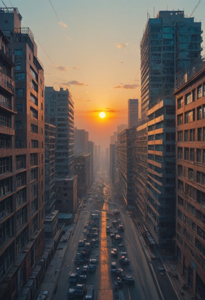 The image shows a person sitting on the edge of a building, watching a sunset. The figure is dressed casually and is carrying a backpack. The sky is painted with shades of pink, purple and blue, creating a sunset or sunrise atmosphere. Thin clouds and lines that could be electricity cables cross the sky. The view stretches out towards a vast city illuminated by the soft light of the sun that is about to disappear into the horizon. The buildings and structures have a somewhat industrial look. In the foreground, you can see a heart drawn on the structure where the person is sitting. The image conveys a feeling of melancholy and loneliness.