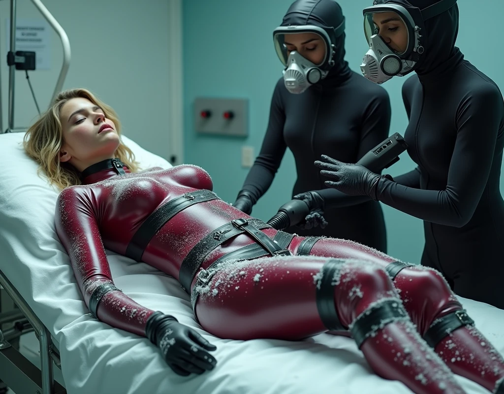 (highly detailed) Hot young tennage girl is wearing dark matte cherry winter latex suit with black elements suit is covered in sweat that reflect the light of the sun she has blond wavy hair freckles and her ass is bigger her brest is big HD real photo 8K she is fit her waist is slim she is looking very young her brest is very big she curves her ass on her waist is belt her hair is covered in snow winter she also wears tight dark cherry climbing harness around her ass her face is looking very young and thin snow is lying on every part of her suit Snow is on her ass and brest she is looking young and happy she is lying on a hospital bed she is in hospital building her arms are tide to a hospital bed she is straped by leather straps to hospital bed her eyes are closed Two Nurses are standing next to her nurses looks the same as girl. Two Nurses are using vibrator on girl body girl is wearing on her face and nose pilot oxygen girl is straped to hospital bed by leather straps nurse is wearing pilot oxygen maskon her face and nose that lookes like is conected to pipe girl is looking worried and dizzy Two Nurses are looking like she nurse is wearing latex gloves Nurses are wearing full covering pilot oxygen mask Nurses are weairng latex suit Two hot nurses