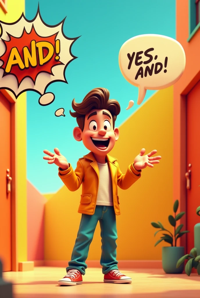 Design a modern and eye-catching image for an animated video in which the main character is telling a joke. Usa colores vibrantes como naranAnd brillante, Yellow and turquoise to create a lively atmosphere. The background may include abstract shapes or comic elements., like a speech bubble with a "Yes, And!" or a stylized explosion that emphasizes the comic tone.