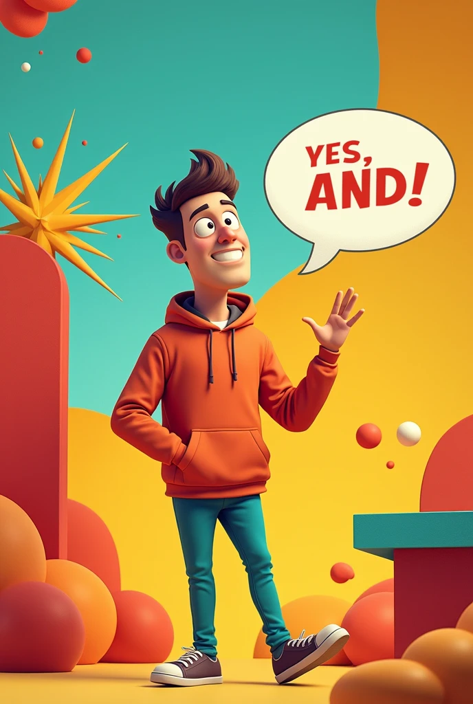 Design a modern and eye-catching image for an animated video in which the main character is telling a joke. Usa colores vibrantes como naranAnd brillante, Yellow and turquoise to create a lively atmosphere. The background may include abstract shapes or comic elements., like a speech bubble with a "Yes, And!" or a stylized explosion that emphasizes the comic tone.