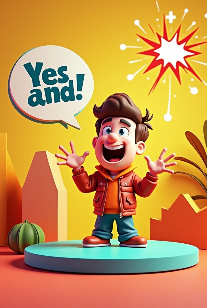 Design a modern and eye-catching image for an animated video in which the main character is telling a joke. Usa colores vibrantes como naranAnd brillante, Yellow and turquoise to create a lively atmosphere. The background may include abstract shapes or comic elements., like a speech bubble with a "Yes, And!" or a stylized explosion that emphasizes the comic tone.