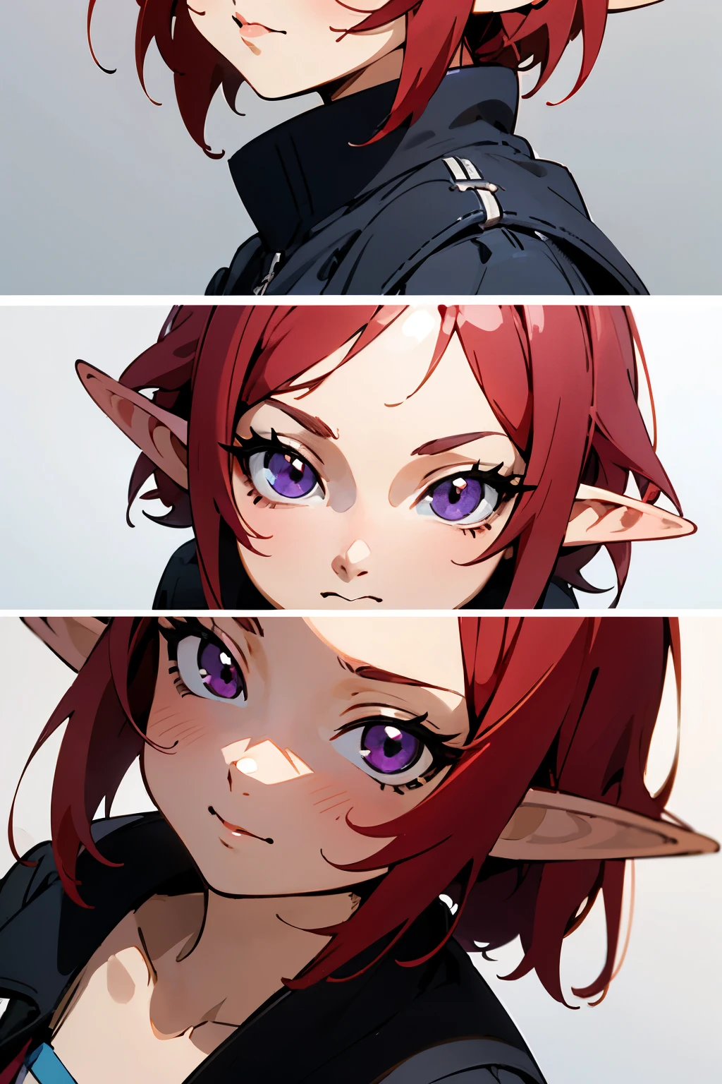 elf anime girl with red hair and purple eyes wearing a black jacket, render of a cute anime girl , animated styled 3d, stylized anime, stylized anime, Very detailed anime, detailed anime soft face, very detailed character, made with anime painter studio, Close-up character, animated style character, animated style. 8k