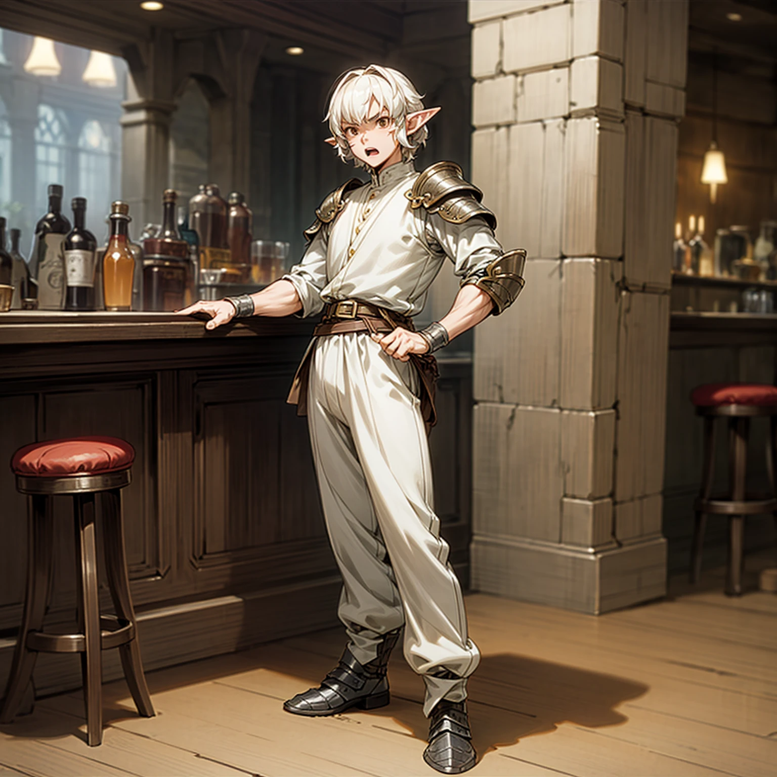 Solo character, full body version, middle aged man, muscle, (elf), brown eyes, white color hair, short Curly hair, white shirt, black long pants, shoes, belt, indoor, bar, town, medieval, standing gesture, detailed background, detailed clothing, detailed hair, (Makoto shinkai style art), open mouth, angry, armor