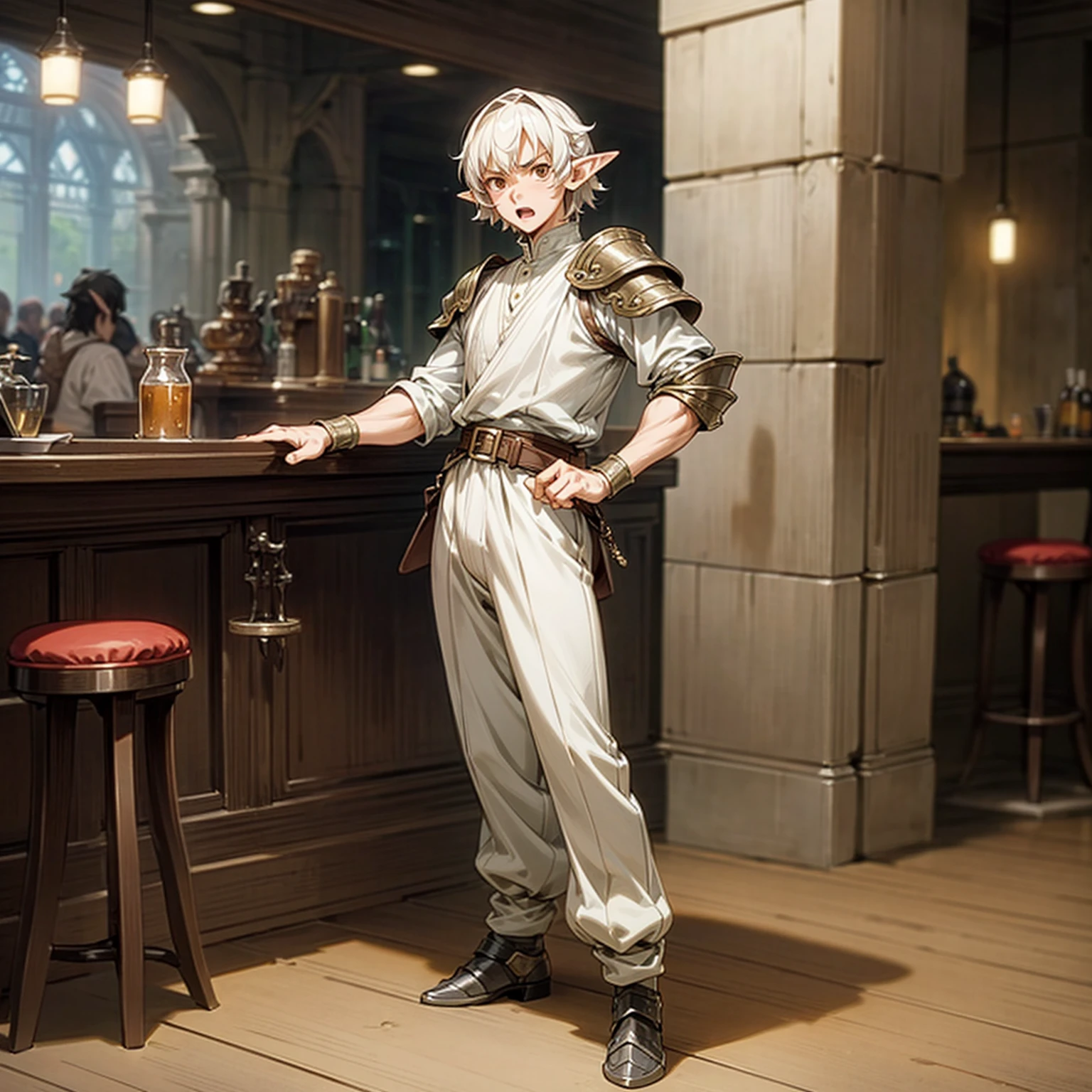 Solo character, full body version, middle aged man, muscle, (elf), brown eyes, white color hair, short Curly hair, white shirt, black long pants, shoes, belt, indoor, bar, town, medieval, standing gesture, detailed background, detailed clothing, detailed hair, (Makoto shinkai style art), open mouth, angry, armor