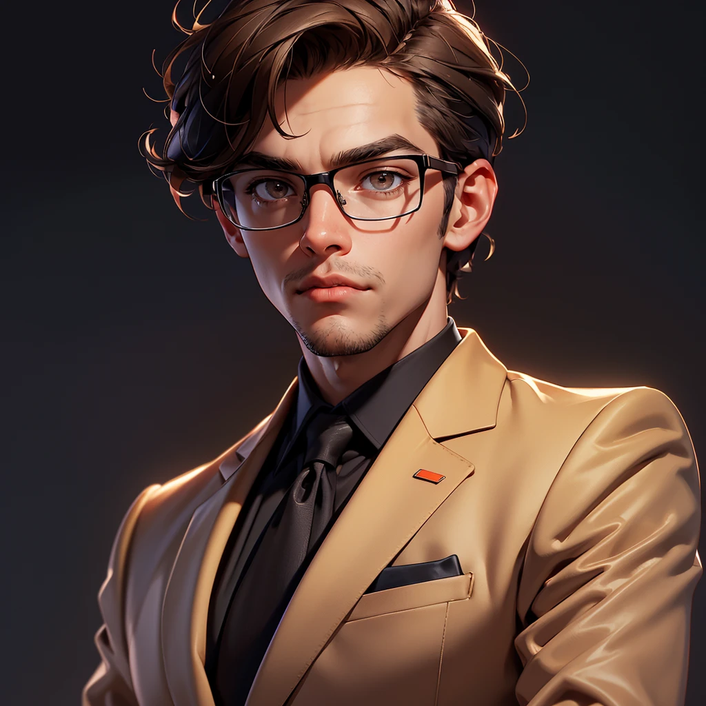 envision a 8k, highres, semi realistic cinematic close up portrait of a smart nerdy guy working on technology with a slender body, clean shaved, short sleek brown hair, and brown eyes, glasses, red sweatshirt, beige slacks, belt, dress shoes, tech attachments, against a dark gray background