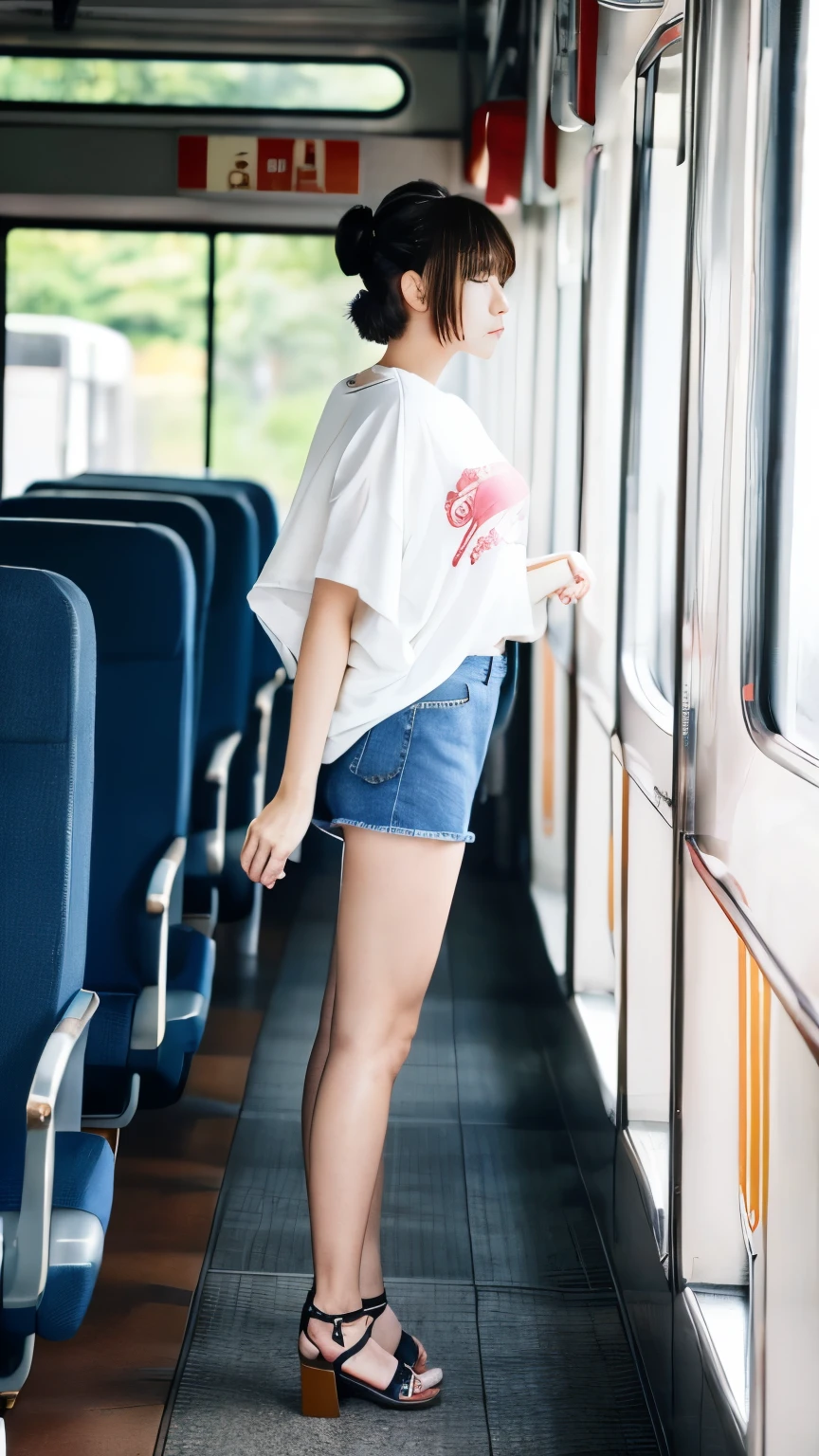 Photo-realistic image quality、Japan Railways、Japanese Trains、(Slightly long hot pants、Oversized hot pants:1.5)、(Denim fabric hot pants)、Beautiful feet、Great style、slender、Medium chest、Beautiful Skin、Smooth Skin、Beautiful thighs、Beautiful calves、cute、Beauty、(Chignon Hair:1.3)、Fair skin、(Brown Hair)、Upright、I am on a train、Grab onto the strap、(Voyeur)、White T-shirt、(Shooting from the side、Shoot diagonally from behind、Shooting from diagonally in front),reduce noise、bright、(Not aware that they are being watched:1.3)、(pov peeping)、smile、(素足でWearing sandals:1.2)、Long legs、Beautiful legs、(Heeled Sandals、Wearing sandals:1.4),(The line of the underwear is visible、See-through bra:1)、Full body photo、(Slender)
