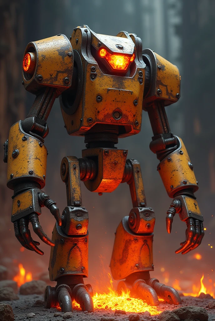 Shape: Tibia has a sturdy, square shape, designed to withstand the extreme heat of the forge. Its body is wider and heavier, with a low center of gravity.
Details: Its orange-red crystal eyes glow with a warm light, reflecting its working environment in the furnaces. Its arms are strong and end in pincers that can hold molten metal without getting damaged.
Design: The surface of Tibia is reinforced with tempered metal plates, which show signs of wear and heat marks, giving it a tough, veteran appearance. Runes of protection against fire are engraved on his torso.