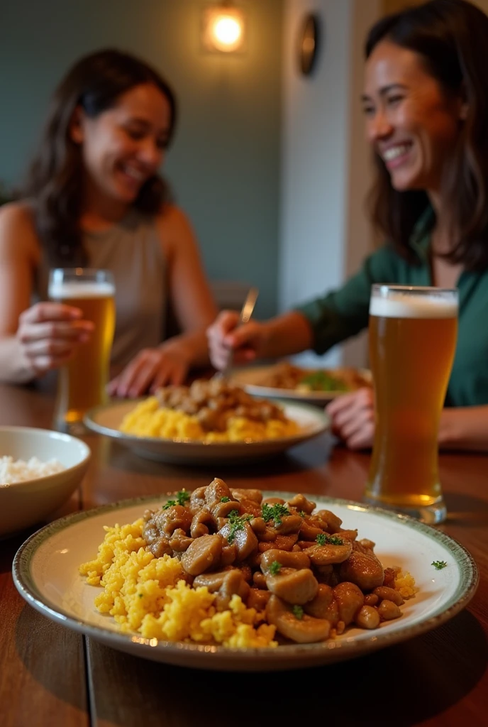 very amateur photo, brazilian house, plate served, Brazilian stroganoff with straw potatoes and rice, for two, glass of beer, half-light, taken in first person. as if it were a photo taken on a cell phone for social media