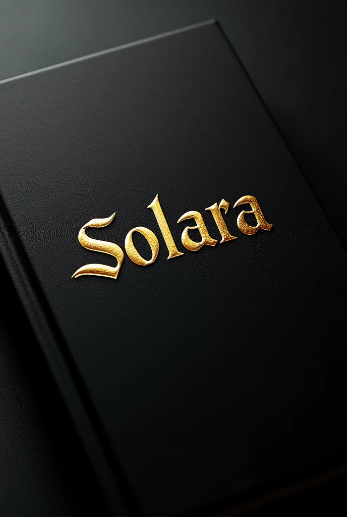 The cover of book with a black background, the cover should say "SOLARA" in gold details, the cover must be embossed