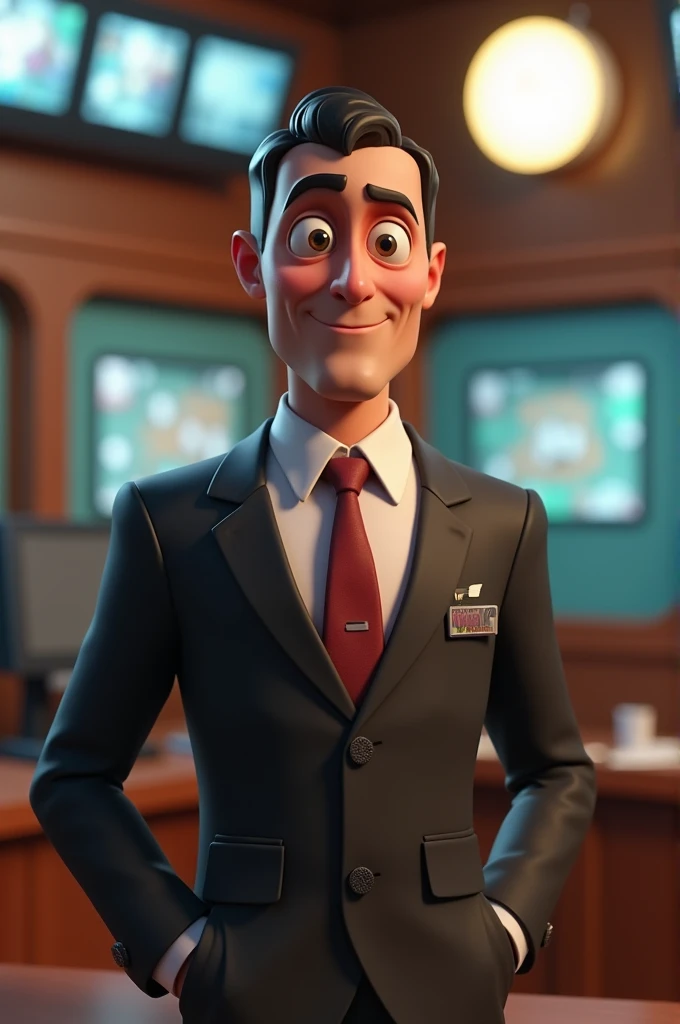 https://upload.wikimedia.org/wikipedia/commons/2/25/Edward_R._Murrow.jpg A cartoon character in fortnite style, similar to Orson Welles from the waist up, in a suit, looking badass, neutral face, 3d render style, slightly anamorphic, inside a radio booth , looking into the camera, face clearly visible, dvd screengrab UHD, cartoon, ultra detail,
intricate details, volumetric lighting, 3d model, fake, photography, digital art, 8k, future, Cinematic,
Photography, Ultra - Wide Angle, Depth of Field, hyper - detailed, insane details, intricate details, beautifully
color graded, Unreal Engine 5, Cinematic, Videogame, Fortnite Shot on 25mm lens --ar 9:16