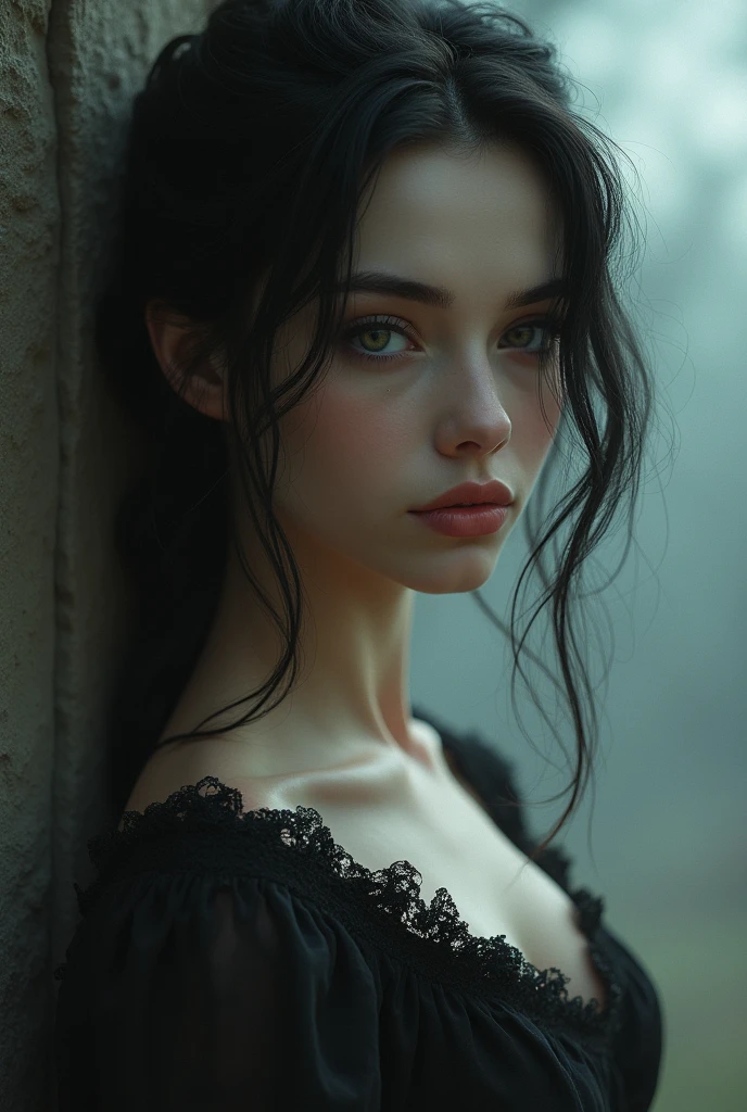 Woman with dark hair and eyes, slim 