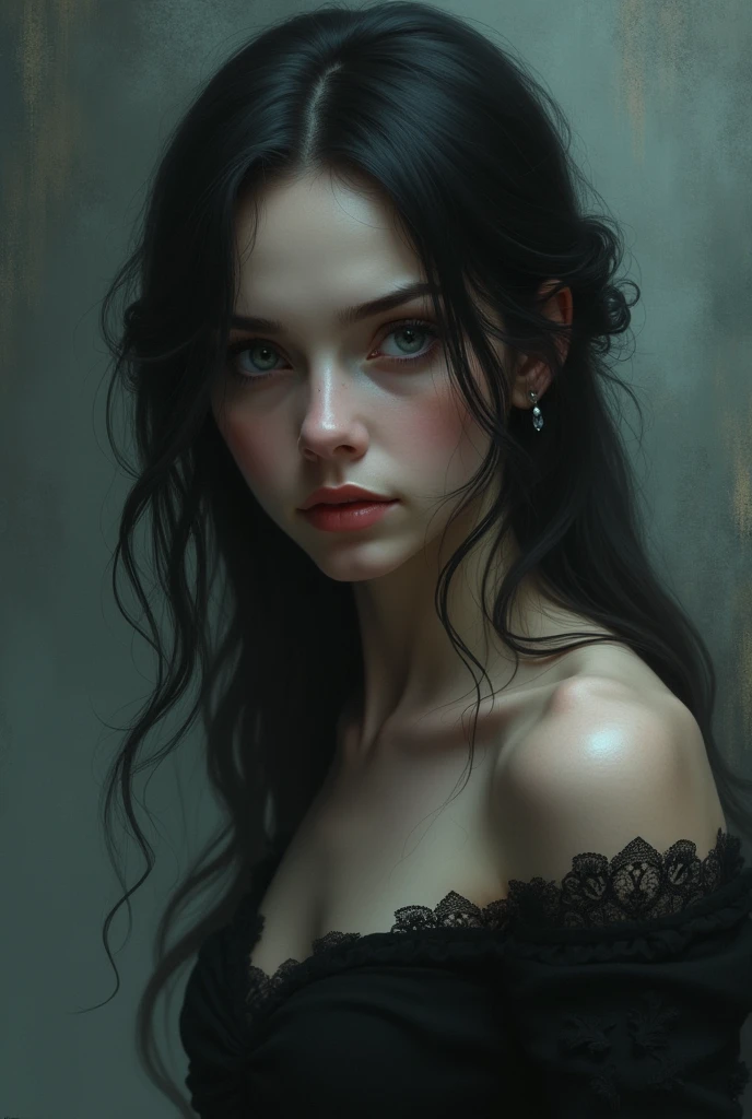Woman with dark hair and eyes, slim