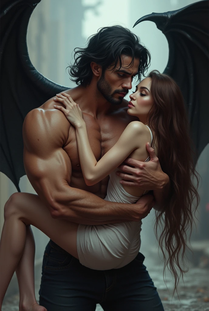 Help me with an image with the following description. He is a man of about 30 years old, of tall and athletic build, measuring about 1.90 meters. His skin is a tanned tone, as if I had spent a lot of time under the sun. He has black hair, reaches up to the shoulders, with a touch of waves that gives it a natural and elegant look. His eyes are a deep blue color, almost hypnotic, with an intensity that reveals his strong character. His facial features are defined, with a defined jaw and high cheekbones. He is bare-chested and has just come out of the shower.. Two bat-like wings protrude from his back.. Despite his neat and sophisticated appearance, There is a hardness in his expression that suggests he is not an easy man to handle.. In his arms he is holding a sweet and innocent looking girl., she is staring at him, white skin and long brown hair with waves, She puts her arms around the boy's neck