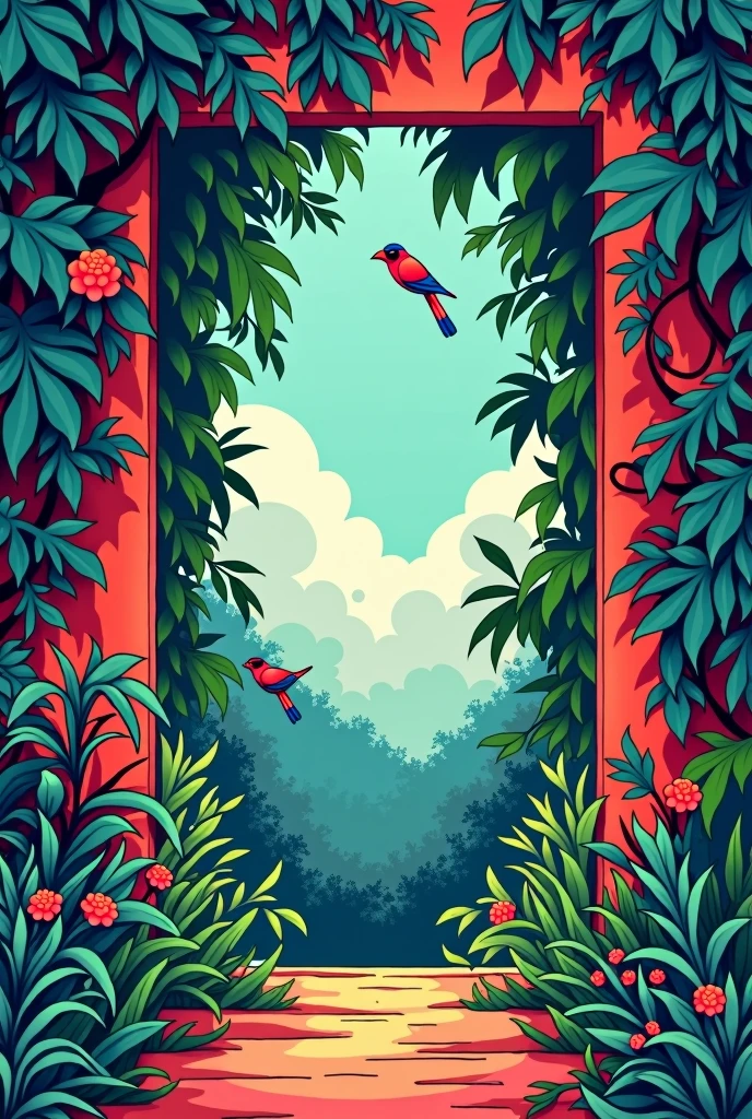 digital illustration that combines the graphic styles of pamela chen, erica zeledon and silvia mauri. it uses the entrance of an rectangular door with plants, birds and a surreal landscape.