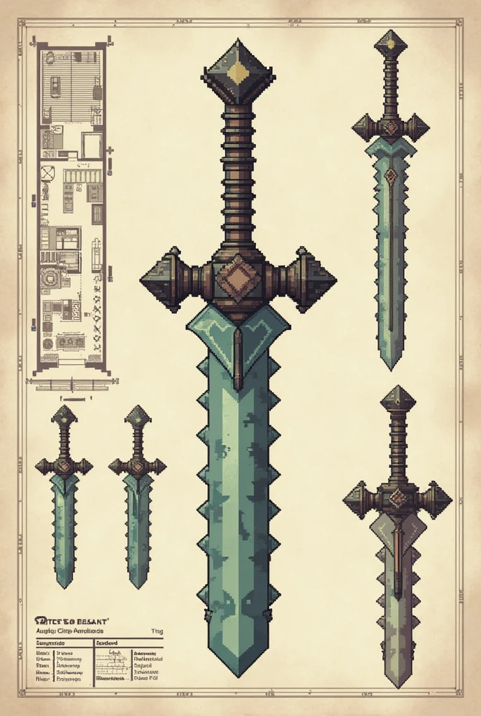 Create a sword for Minecraft pixel art a sword on a paper as a drawing as a floor plan of a project to do in several perspectives, must look like a rare terra terra blade