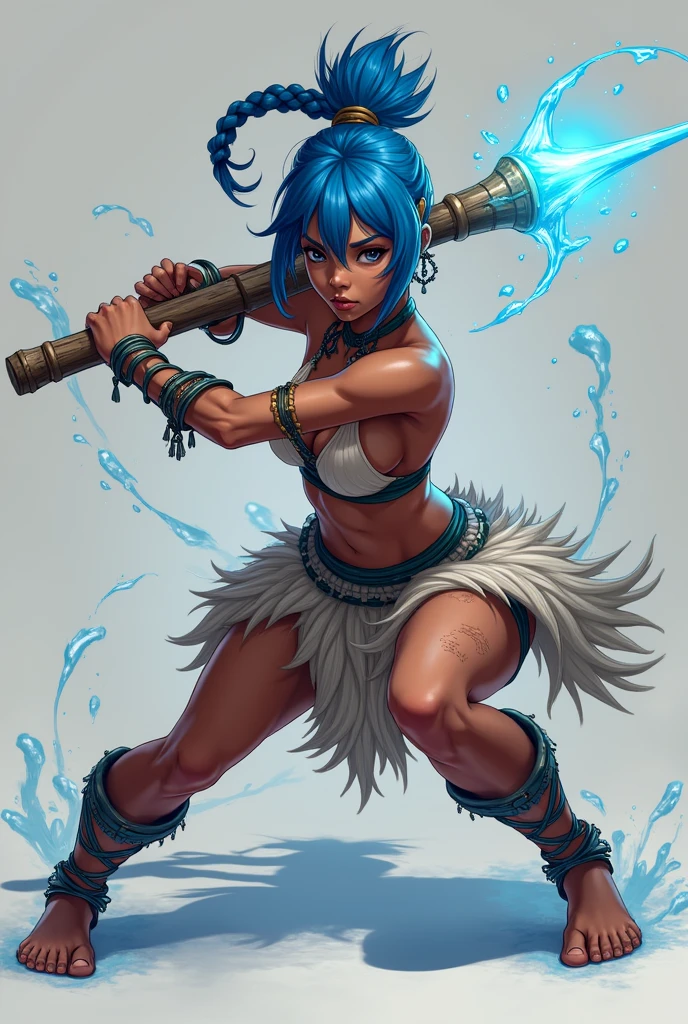 Woman with dark skin and blue hair. anime style, animated style, Digital art, masterpiece, Best Quality, Super rendering, high detail face, Clean and delicate face, whole body, Crouching and wielding a magical wooden staff, fighting pose. Grasp the staff anatomically correctly, Drops and threads of magical water swirl around the staff. Single braided blue ponytail, split bangs, Forehead, tribal clothing and a pleated fur miniskirt., naked ass, open legs, scars. Bound feet, looking at the viewer, simple color background. Scar on his face.