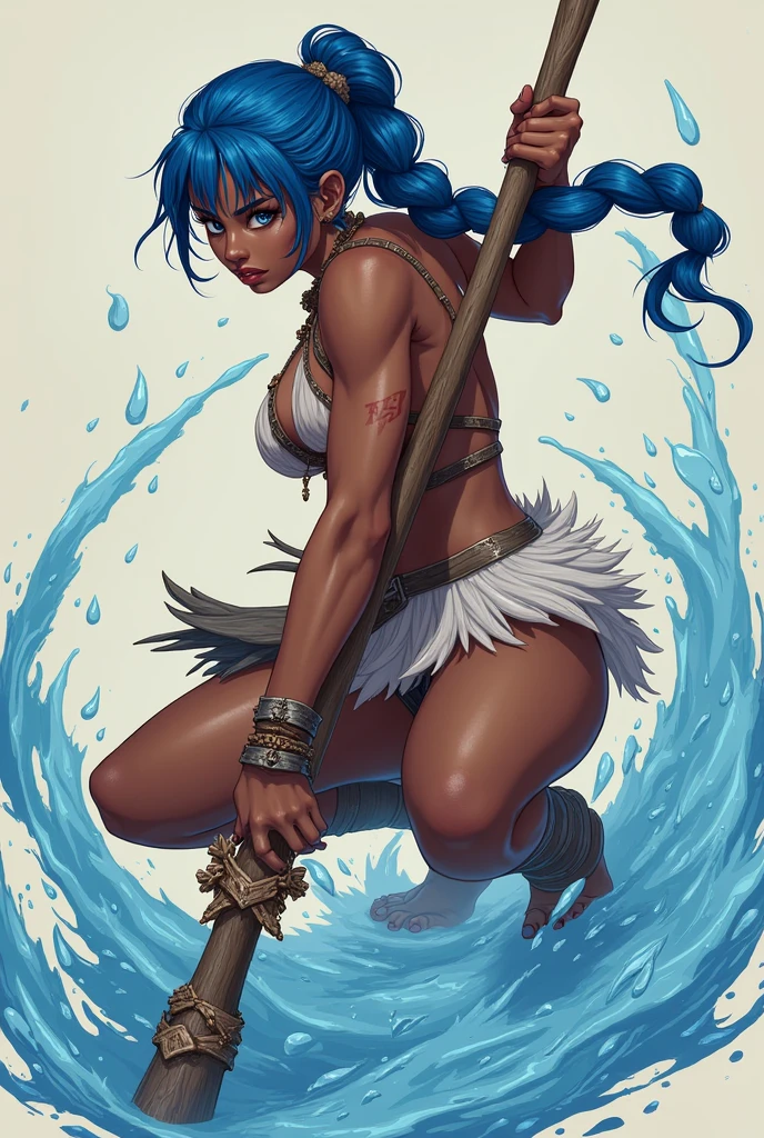 Woman with dark skin and blue hair. anime style, animated style, Digital art, masterpiece, Best Quality, Super rendering, high detail face, Clean and delicate face, whole body, Crouching and wielding a magical wooden staff, fighting pose. Grasp the staff anatomically correctly, Drops and threads of magical water swirl around the staff. Single braided blue ponytail, split bangs, Forehead, tribal clothing and a pleated fur miniskirt., naked ass, open legs, scars. Bound feet, looking at the viewer, simple color background. Scar on his face.
