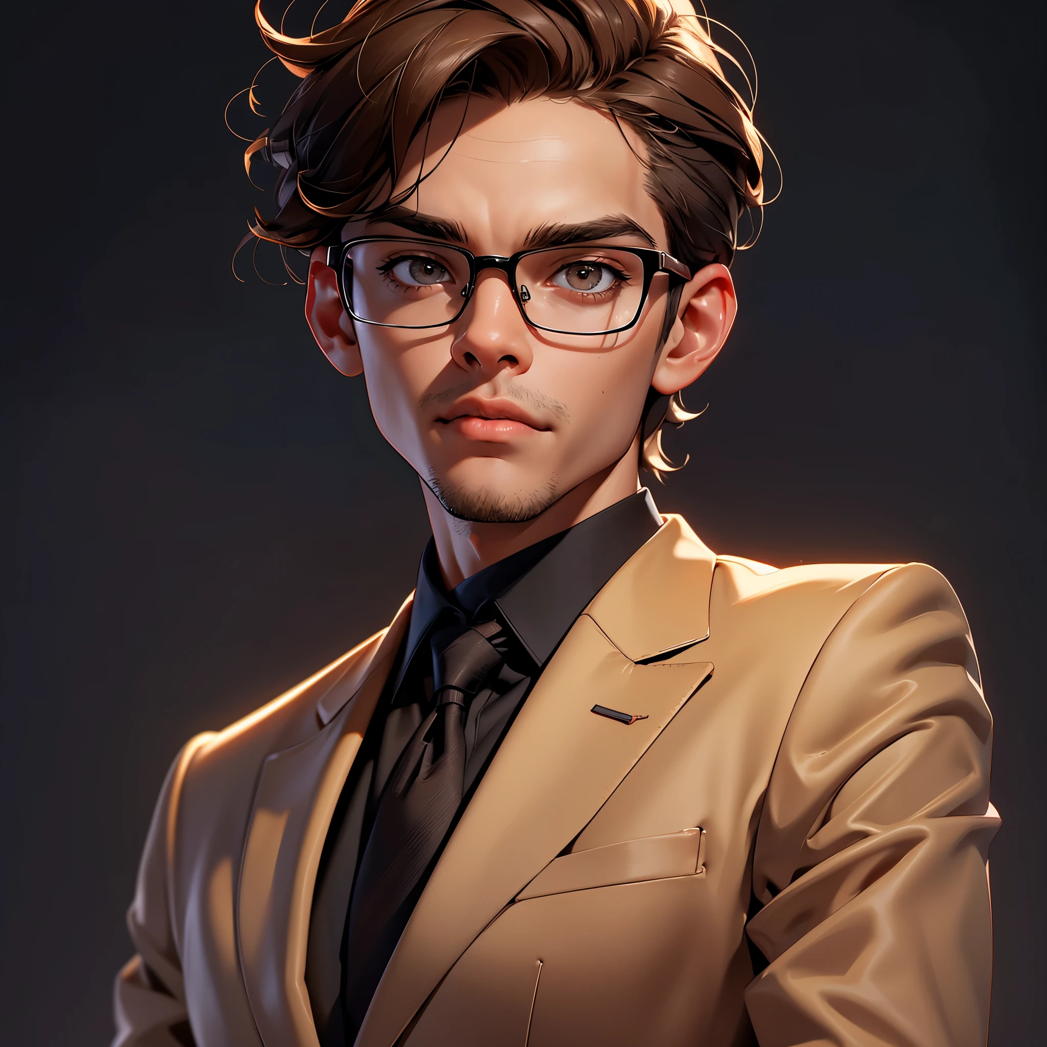 envision a 8k, highres, semi realistic cinematic close up portrait of a smart nerdy guy working on technology with a slender body, clean shaved, short sleek brown hair, and brown eyes, glasses, red sweatshirt, beige slacks, belt, dress shoes, tech attachments, against a dark gray background
