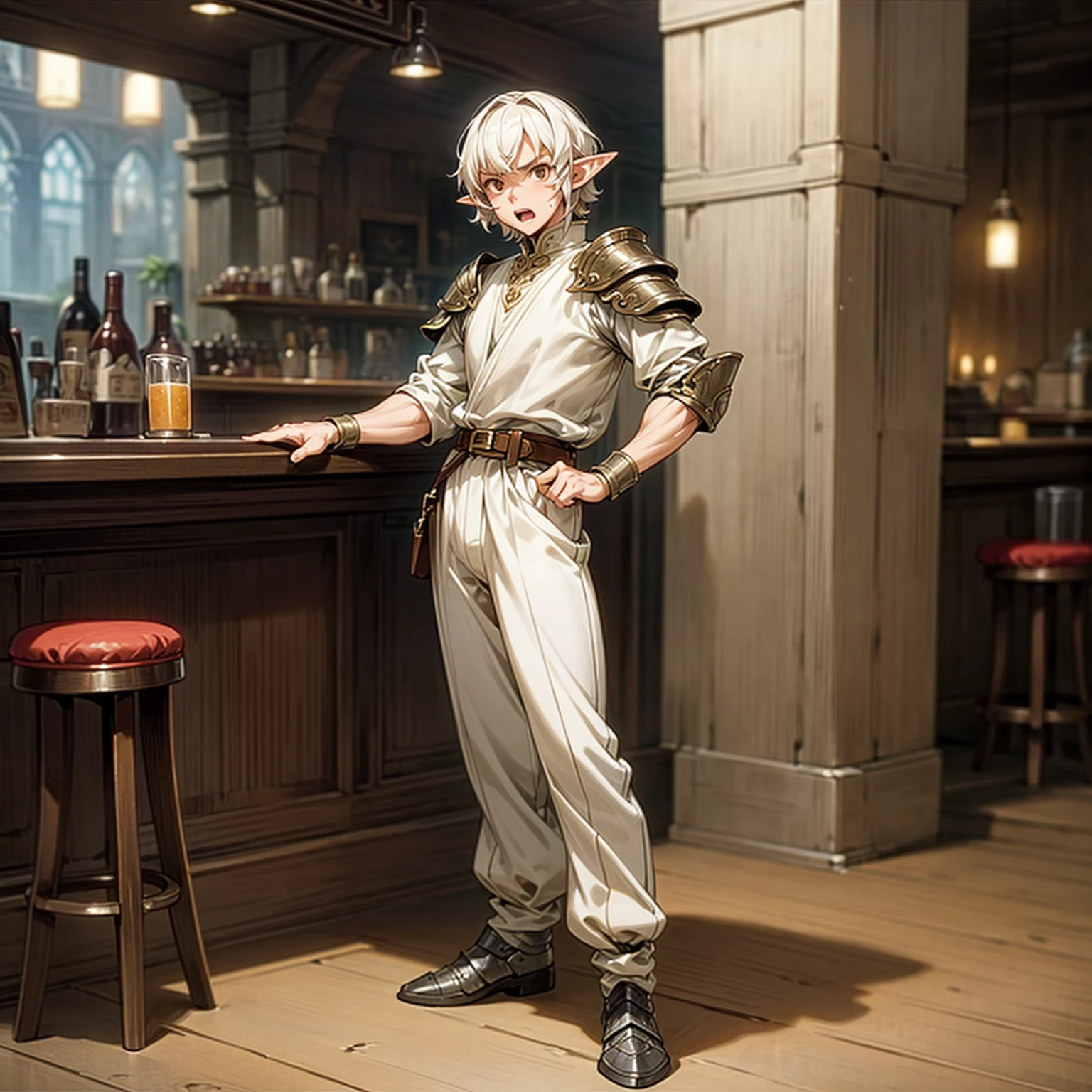 Solo character, full body version, middle aged man, muscle, (elf), brown eyes, white color hair, short Curly hair, white shirt, black long pants, shoes, belt, indoor, bar, town, medieval, standing gesture, detailed background, detailed clothing, detailed hair, (Makoto shinkai style art), open mouth, angry, armor