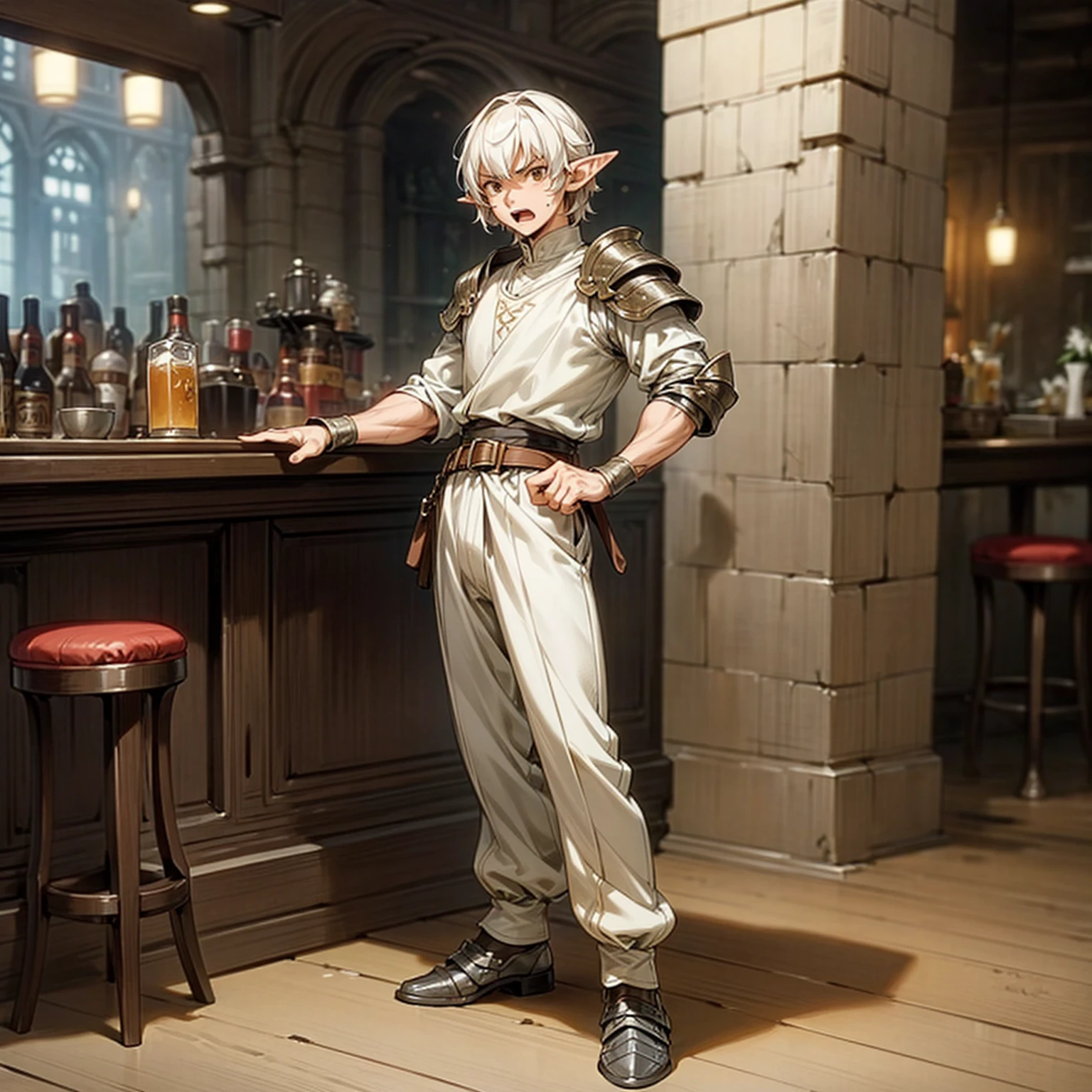 Solo character, full body version, middle aged man, muscle, (elf), brown eyes, white color hair, short Curly hair, white shirt, black long pants, shoes, belt, indoor, bar, town, medieval, standing gesture, detailed background, detailed clothing, detailed hair, (Makoto shinkai style art), open mouth, angry, armor