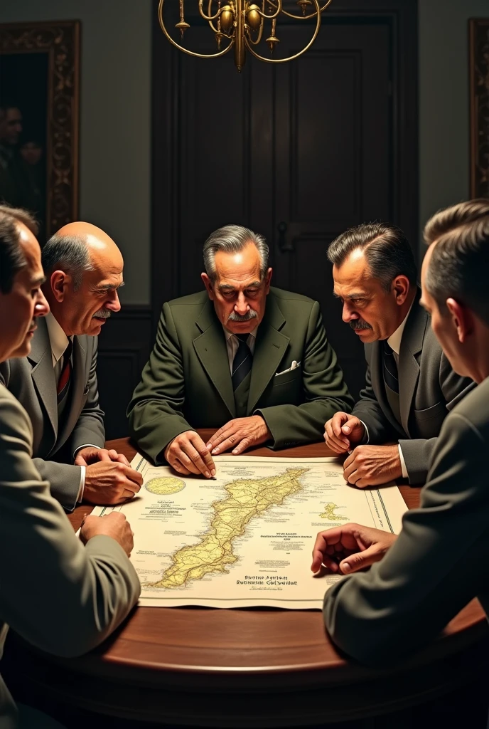 Fidel Castro and other men around a table organizing a map together with an Argentinean.