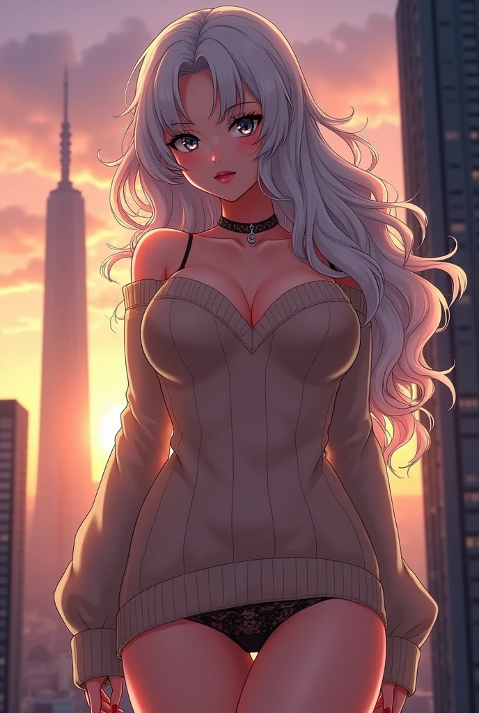 anime, medium size boobs, tall white hair, skyscraper, sunset, beautiful silver eyes, sweater, seductive face, panties, blushing brightly, high resolution, 8K, curly hair, smiling