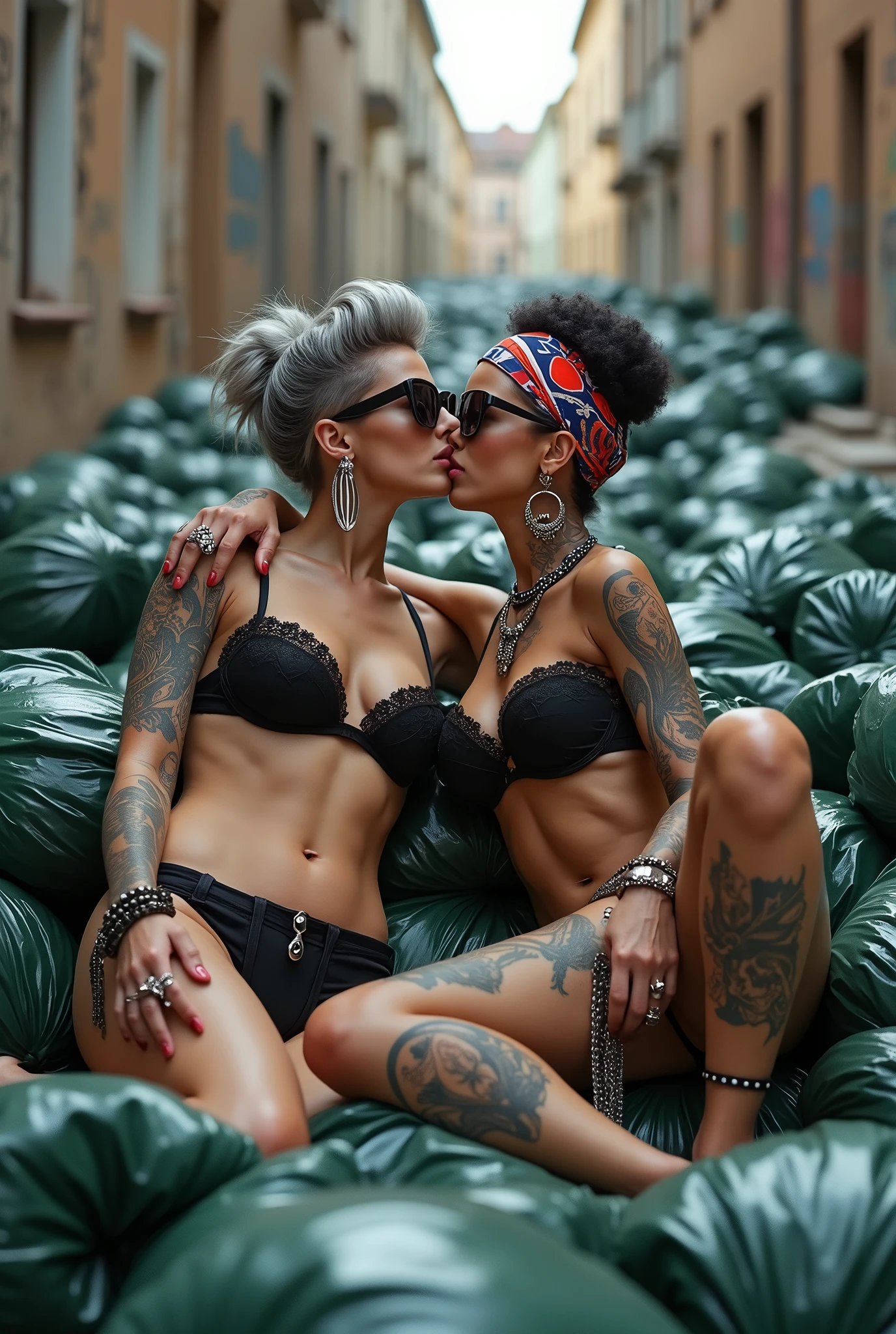 Two russian milf women: the dominant woman with possessive stance (spread legs wide open, arm around her partner"s shoulders, leaning on her partner and the other hand touching her thong) protecting the submissive and needy one, who leans her head on the other's chest. different clothes but same rock chic style. grey hair (bouffant, top bun) and oversized square sunglasses and wide colourful bandana as headband. Big lips. Black lace push up bra, silicone breast,, low rise black lace thongs. Barefoot with necklaces in ankles. Lots of thick wide studded bracelets, chain necklaces and big rings,. Long earrings with chains and feathers. Lounging lazily on a pile of huge dark green plastic bags. Lazy, leaning back, laid back pose, separated legs. Neck, chest, stomach, feet, hands, arms and wrists heavily tattoed. Toned abdominals, thin neck, slim legs and thin arms. Narrow hips. Full body. At a dead end street with graffitied walls, ground littered with waste . Some nuns get close.