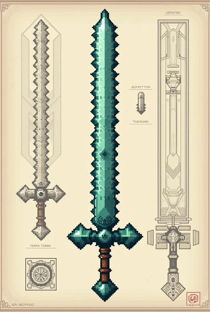 Create a sword for Minecraft pixel art a sword on a paper as a drawing as a floor plan of a project to do in several perspectives, must look like a rare terra terra blade