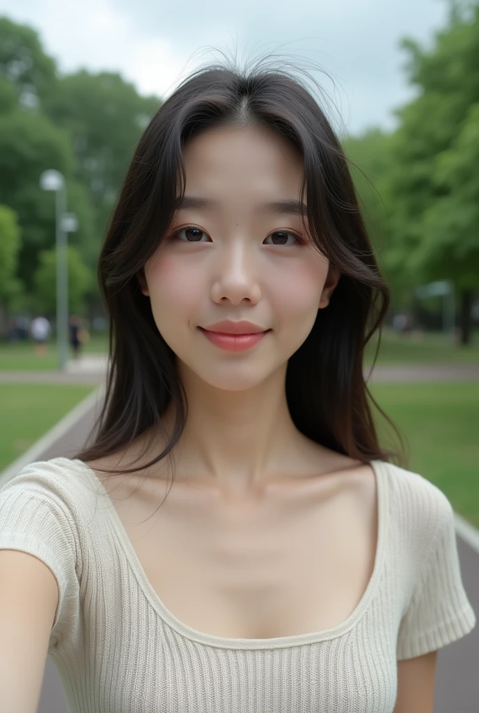 Selfie-style images。Young fair-skinned Japanese woman。Walking in the park wearing a short-sleeved summer knit made of cool fabric。Sexy chest。The sky is cloudy。Selfie-style images。