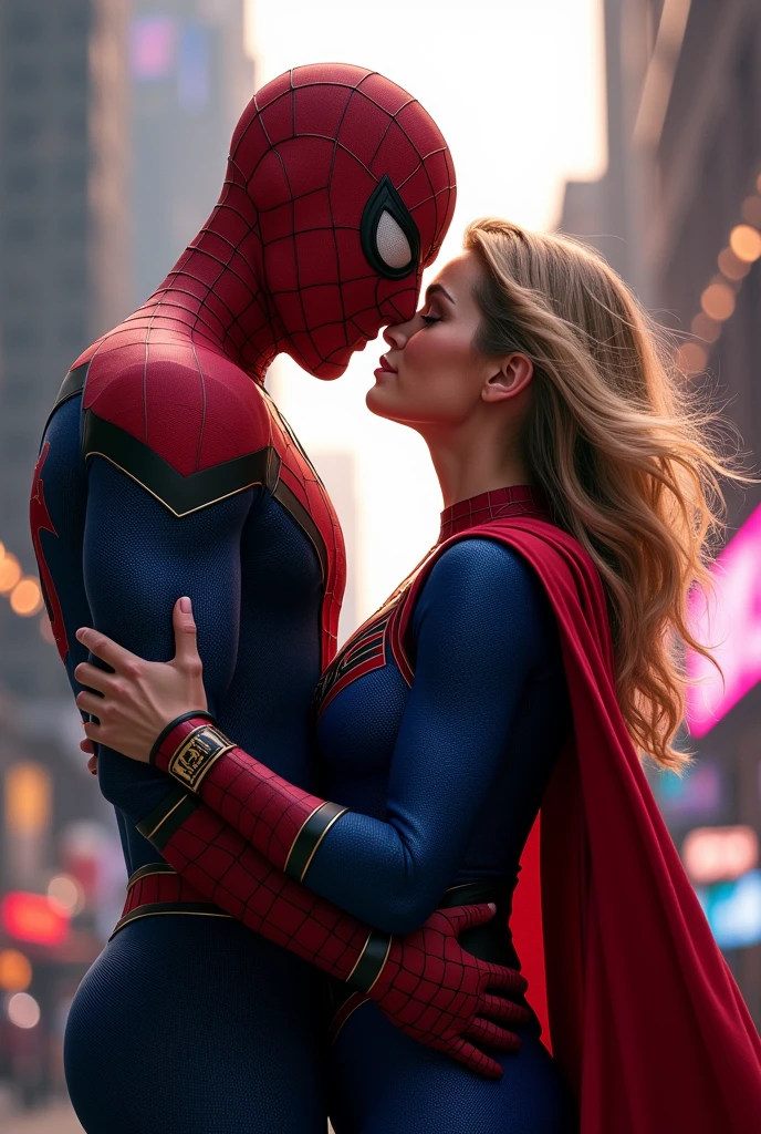 Une image de spider man et super girl entrain de s'embrasser 