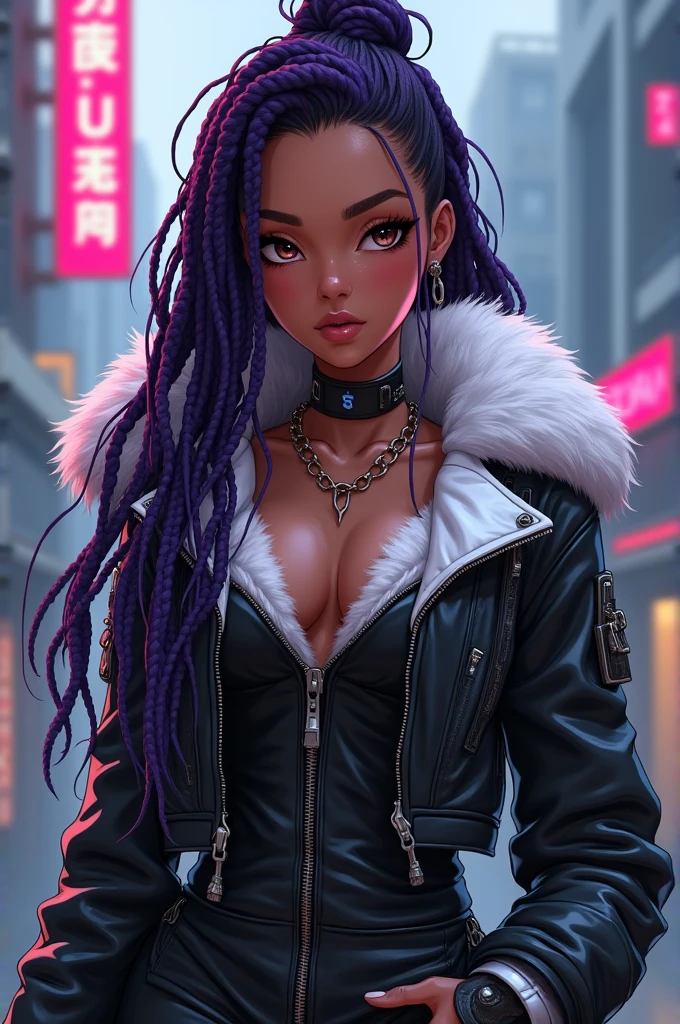 (Best quality, masterpiece, anime style, full of details), 1female, official anime art illustration, African American female with dark brown eyes, dark purple braids down , ((dark brown)) eyes, she wearing a black and white leather cyberpunk jumpsuit with fur collar, semi-realistic cyberpunk style, portrait of a cyberpunk woman , cyberpunk art ultrarealistic 8k, cyberpunk style hyperrealistic, cyberpunk character, trendin on artstation, cinematic full character, trending on artstation 4k, portrait of a cyberpunk, cinematic realistic portrait, cyberpunk hero perfectly photorealistic, incredibly detailed, 8k, UHD, masterpiece, best quality, ultra detailed, intricate,