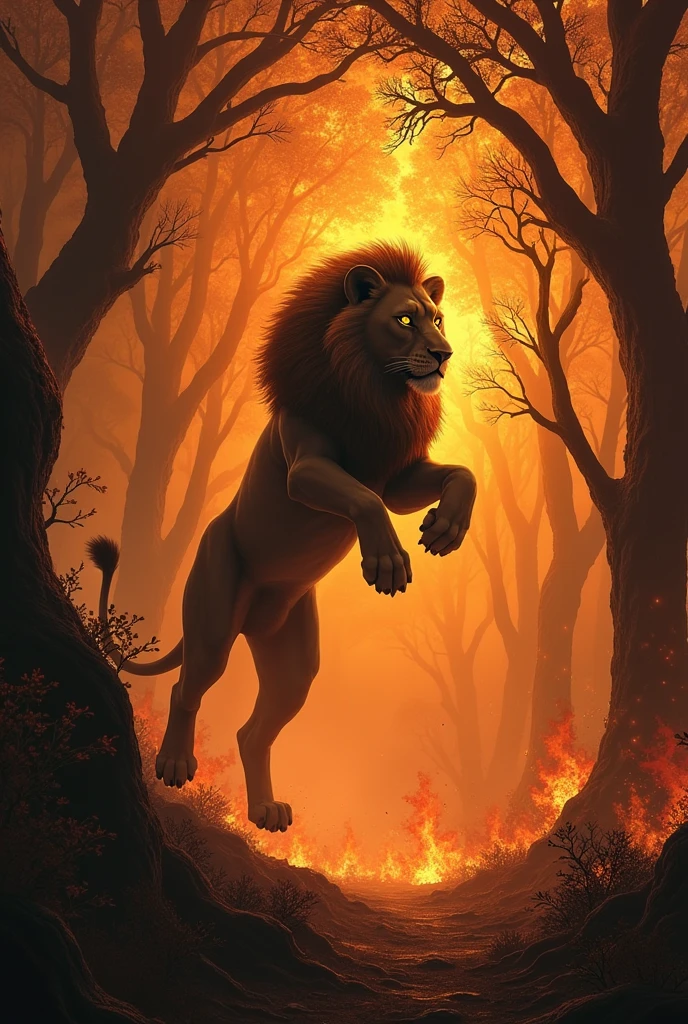 Wallpaper of an extremely dark forest, em chamas, and a lion jumping between the trees.