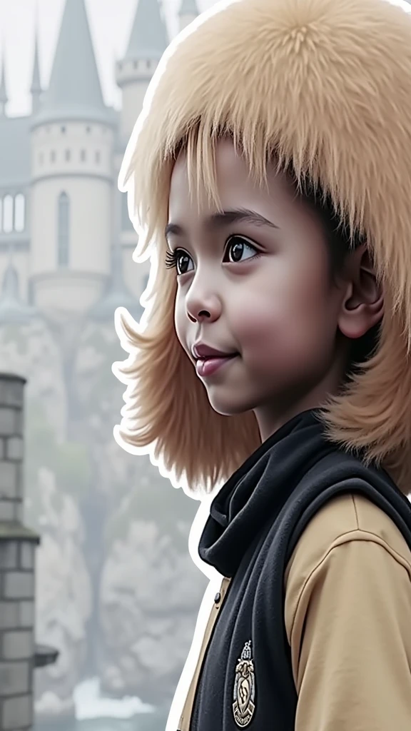 Create a sticker with white borders of a scene from the movie Harry Potter where a is in close-up in a Gryffindor uniform, in the background the Hogwarts castle in high resolution with a blurred background, movie image and hyper-realism.
