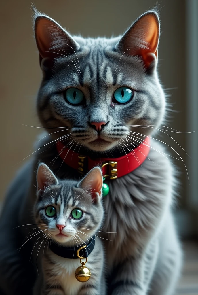 Adult male cat of dark gray color with blue eyes and a red collar with a green bell pendant. Along with a smaller white and gray cat with one blue eye and one green eye and a black collar.