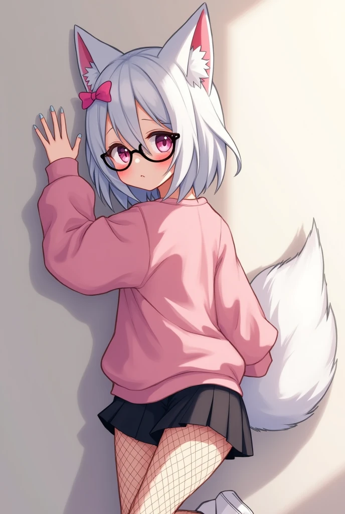 I have white hair white fox ears, a bow, My face is super blushing, black glasses, pink heart eyes, a big pink sweatshirt, painted nails a skirt down black shorts, black mesh stockings, White shoes, a fox tail a very shy girl i'm hitting you a wall grabbing her butt she's also pouting