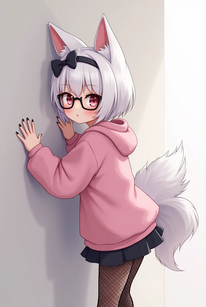 I have white hair white fox ears, a bow, My face is super blushing, black glasses, pink heart eyes, a big pink sweatshirt, painted nails a skirt down black shorts, black mesh stockings, White shoes, a fox tail a very shy girl i'm hitting you a wall grabbing her butt she's also pouting