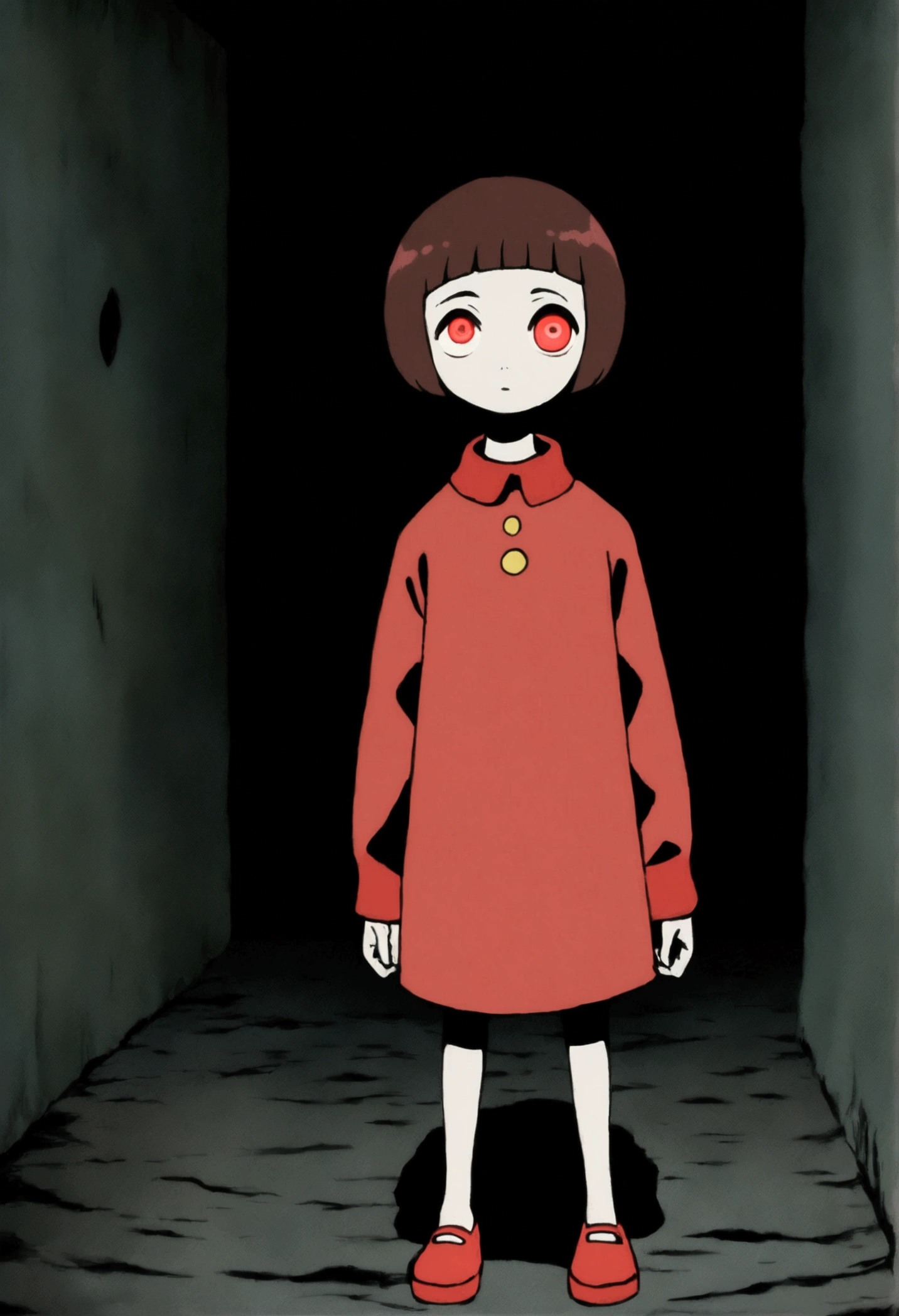 painting of a person standing in front of a red eye, yume nikki, animated film still, still from animated horror movie, inspired by Junji Ito, animation film still, one eye red, red-eyes, visible pupils, inspired by Gertrude Abercrombie, junji ito artwork, eerie and grim art style, red eyes wide open, animation still