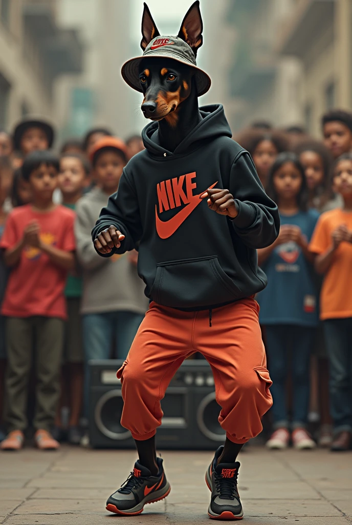 hyper-realistic photo of a Doberman wearing Nike gear and a bucket hat breakdancing in front of a crowd of kids in a circle with a boom box in the corner