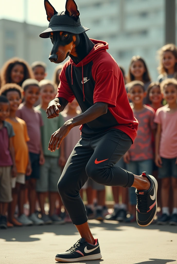 hyper-realistic photo of a Doberman wearing Nike gear and a bucket hat breakdancing in front of a crowd of kids in a circle with a boom box in the corner