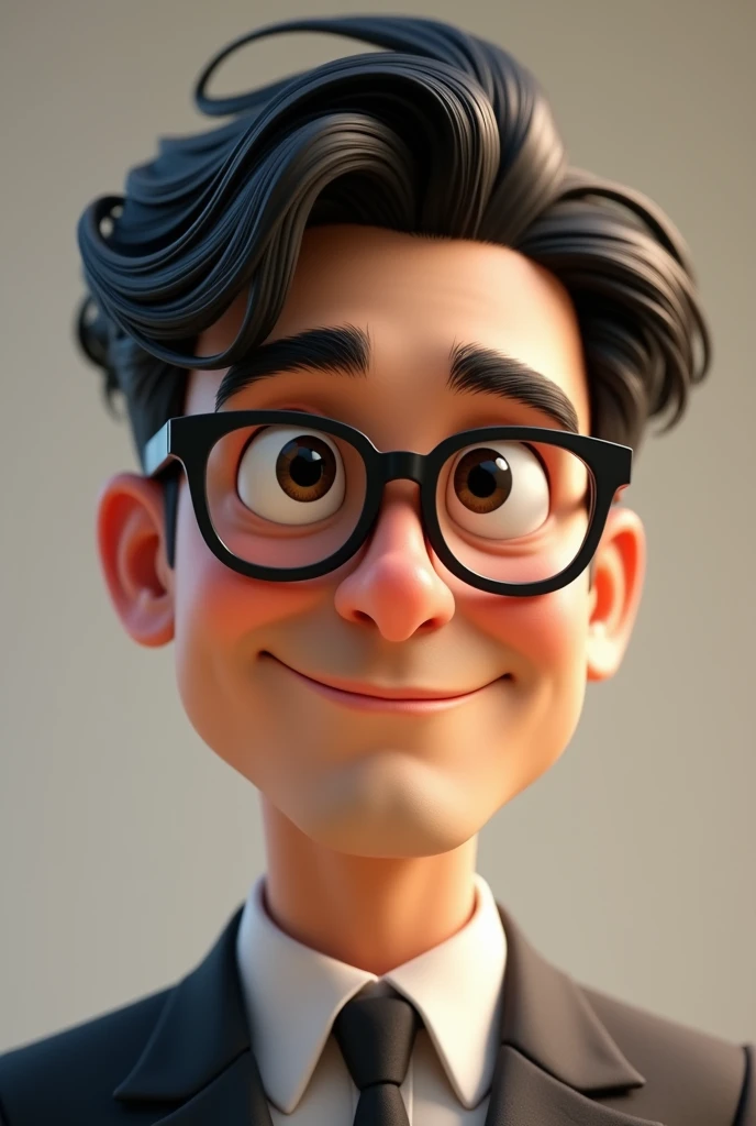 ((Best Quality)), disney pixar character, (detailed), face with half smile, man, black hair, black eyes, Black square glasses, dressed in suit