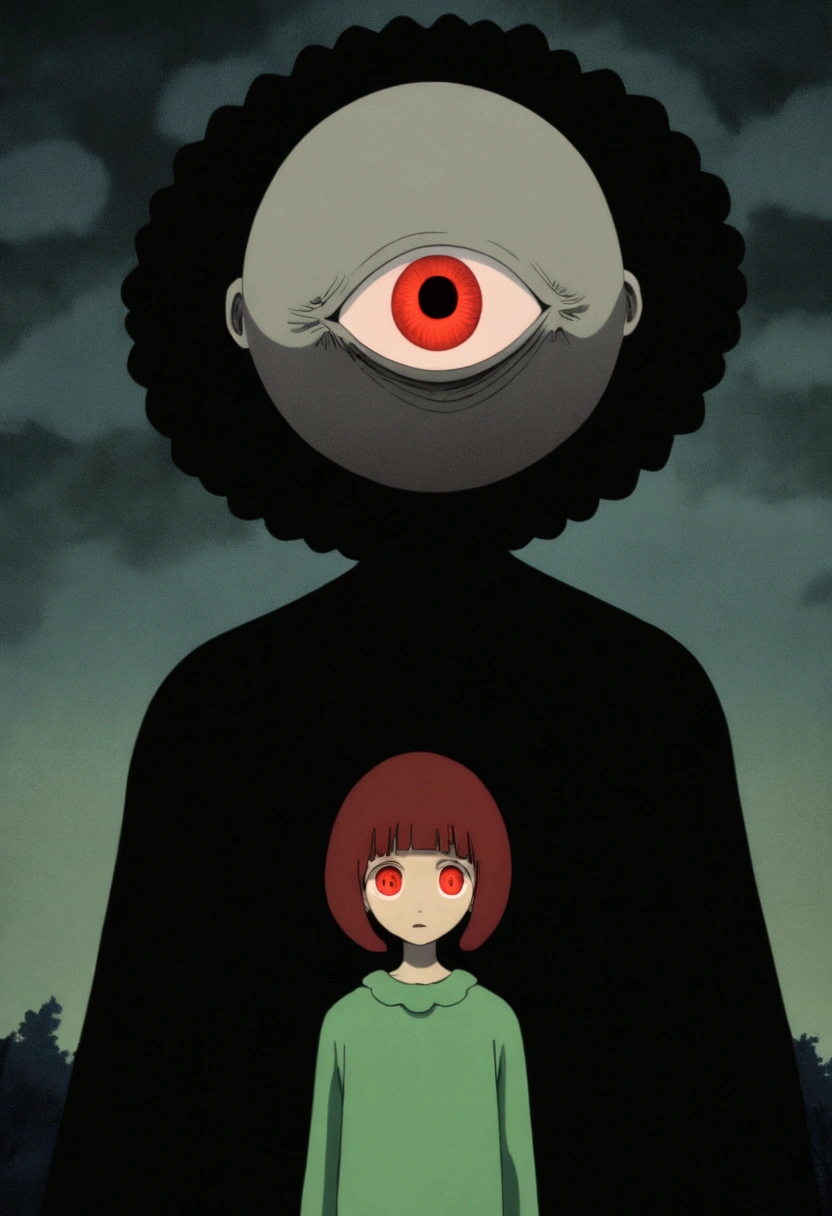 painting of a person standing in front of a red eye, yume nikki, animated film still, still from animated horror movie, inspired by Junji Ito, animation film still, one eye red, red-eyes, visible pupils, inspired by Gertrude Abercrombie, junji ito artwork, eerie and grim art style, red eyes wide open, animation still