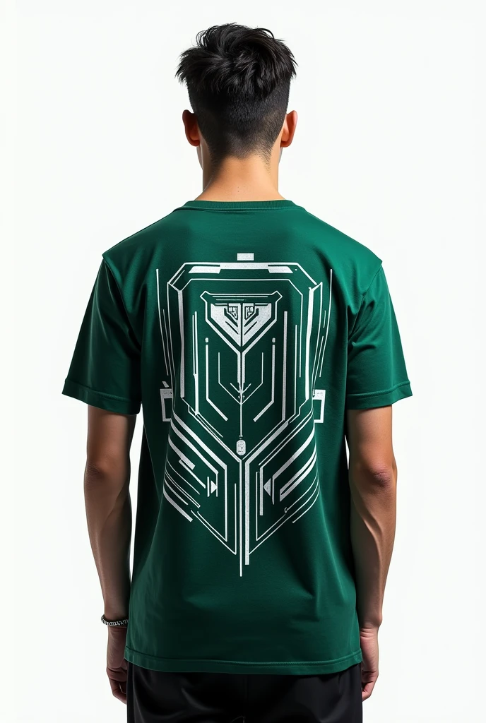 Plain dark green and white t-shirt with cyberpunk prints on white background