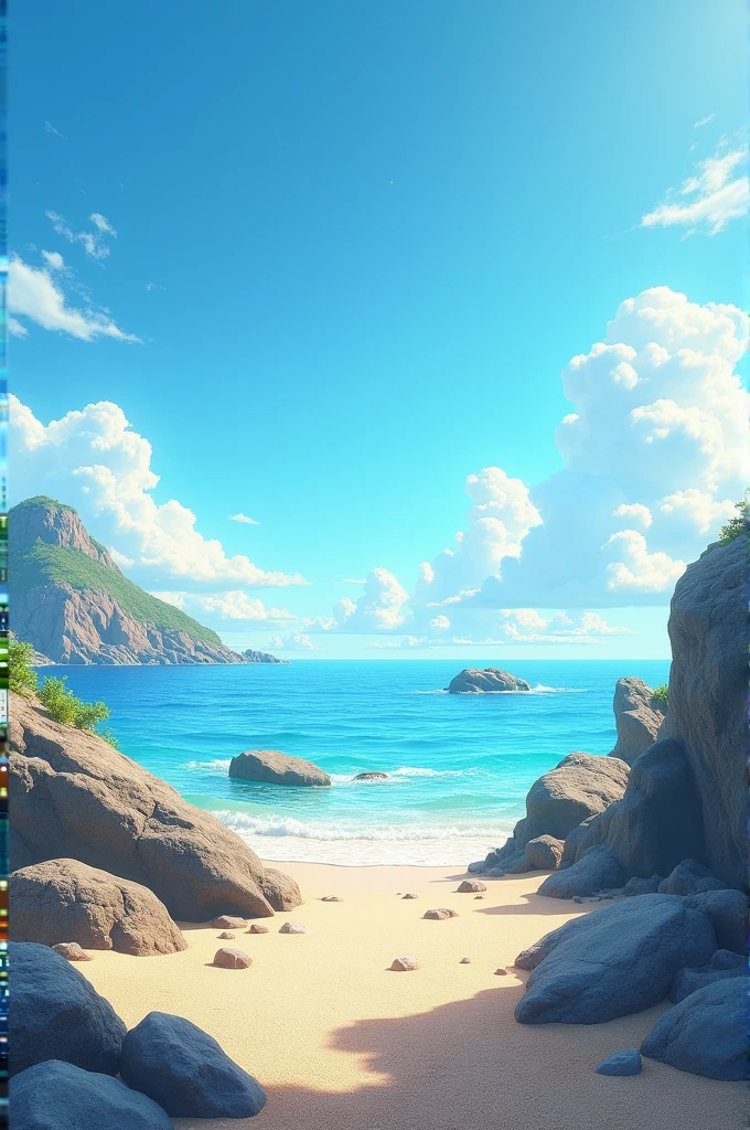 A rocky beach with a beautiful view of the blue sky