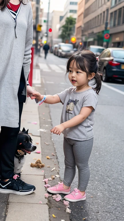 Wearing grey leggings Three-year-old girl told her father that there was dog poop on the ground