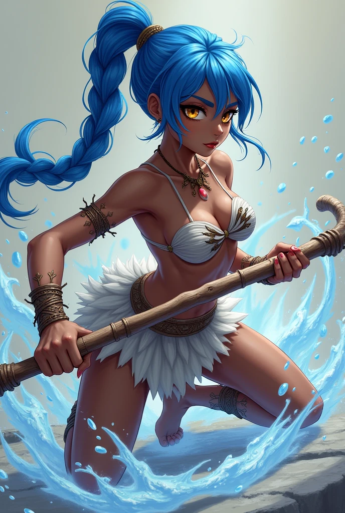 Woman with dark skin and blue hair. anime style, animated style, Digital art, masterpiece, Best Quality, Super rendering, high detail face, Clean and delicate face, whole body, Crouching and wielding a magical wooden staff, fighting pose. Grasp the staff anatomically correctly, Drops and threads of magical water swirl around the staff. Single braided blue ponytail, split bangs, Forehead, tribal clothing and a pleated fur miniskirt., naked ass, open legs, scars. Bound feet, looking at the viewer, simple color background. Scar on his face.