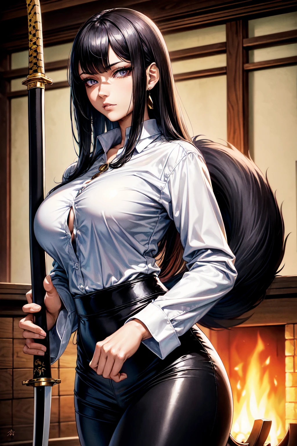 masterpiece, High quality full length portrait of 1 woman (maduro)) young), holding a katana, White long sleeve button down shirt, shiny black leggings, beautiful thin face, detailed face, by the wide, (black fur), big breasts, pale and light skin, detailed eyes, grey eyes, shy expression, set in a background inside a cabin with a fireplace, evening,
