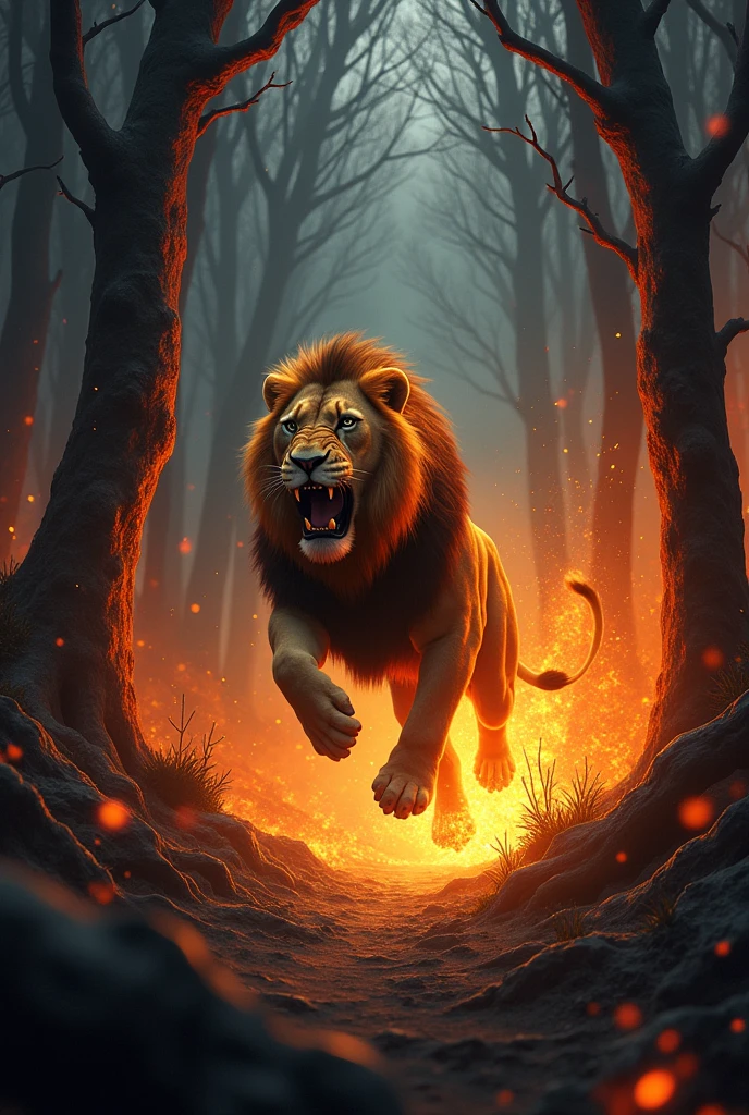 Wallpaper of an extremely dark forest, em chamas, and a brave lion jumping between the trees.